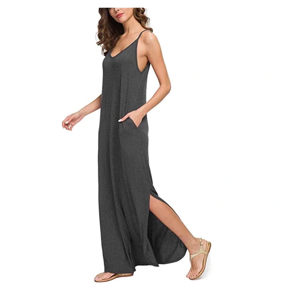 NEW LAMISSCH Strappy Cami Maxi Long Dress V Neck with Pockets Slits - Picture 3 of 3